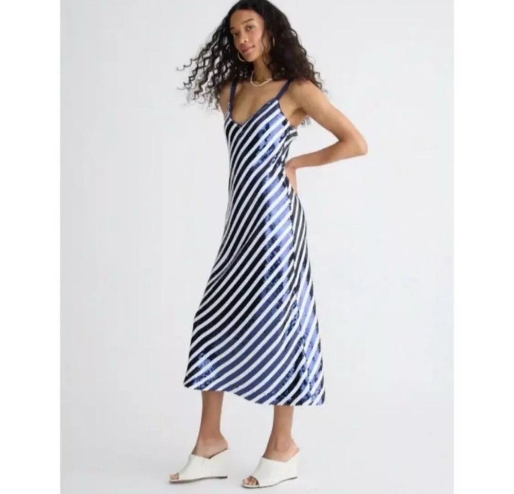 J.Crew Collection Gwyneth V Neck Slip Dress in Sequin Stripe Navy, White 6